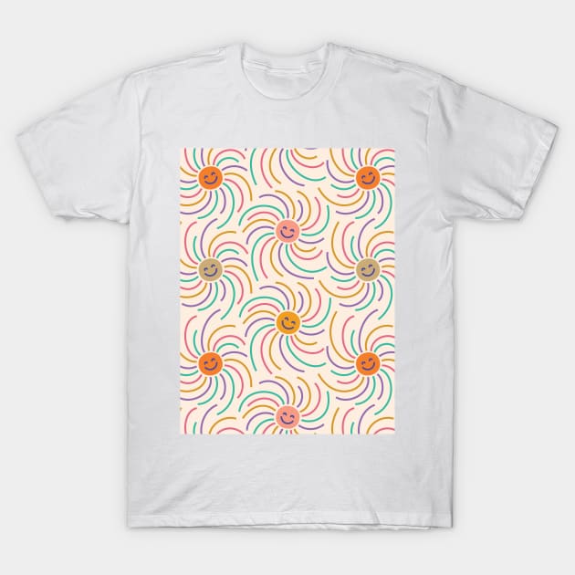 Cute boho illustration of happy suns with smiling faces dancing around. T-Shirt by EliveraDesigns